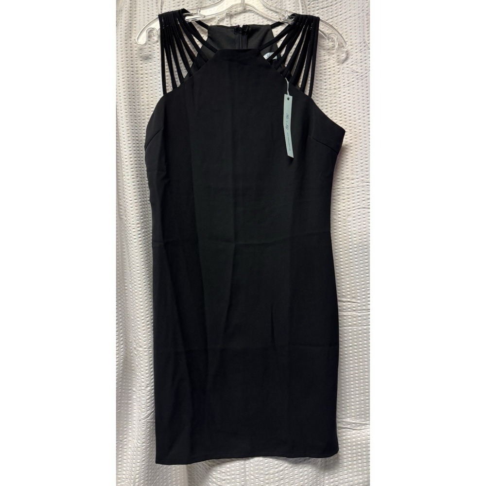 She + Sky Women's Black Sheath Dress Size Medium Strappy Shoulders Mini Cocktail